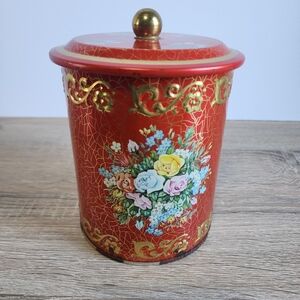 VINTAGE Red Orange Gold Floral Kitchen Tea Tin Cookie Canister Biscuit Container